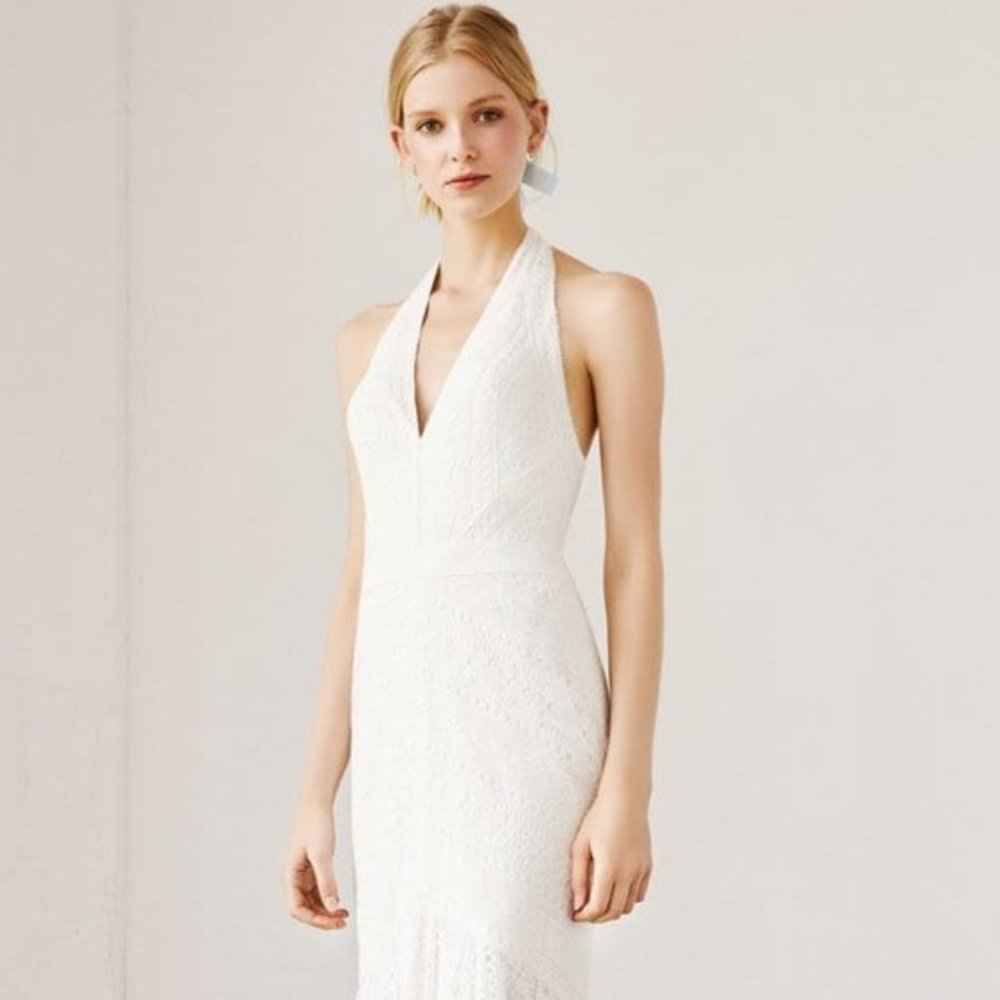 TADASHI SHOJI HALTER LACE TRUMPET LONG BRIDAL GOWN